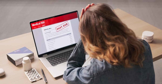 Worried Woman Uses Laptop At Kitchen Table